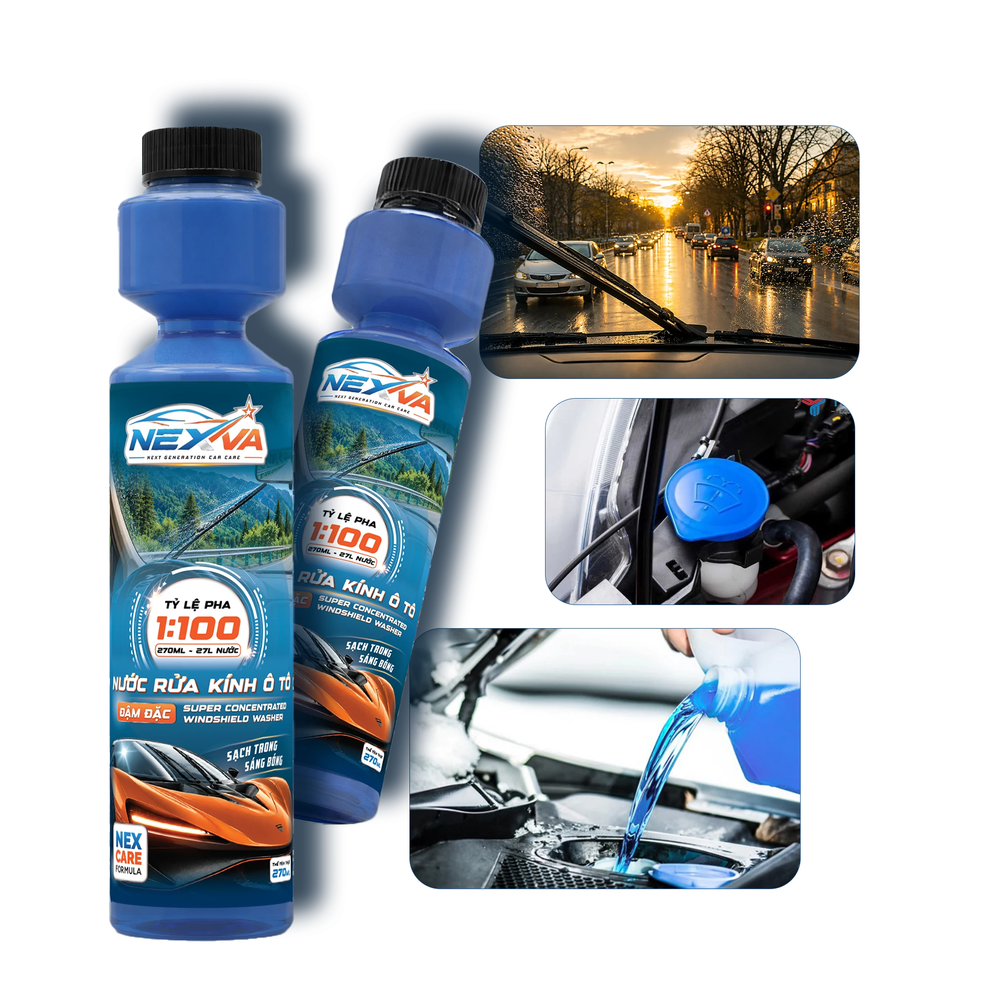 Nước rửa kính ô tô đậm đặc NEXVA — tỉ lệ pha 1:100, 270ml ra 27 lít